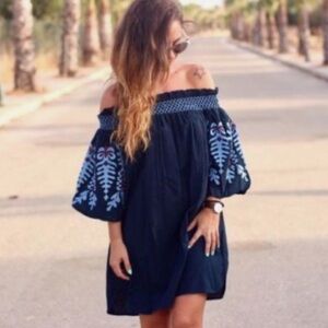 Rebellion Navy Blue Embroidered Cotton Off the Shoulder Loose Fit Shift Dress M
